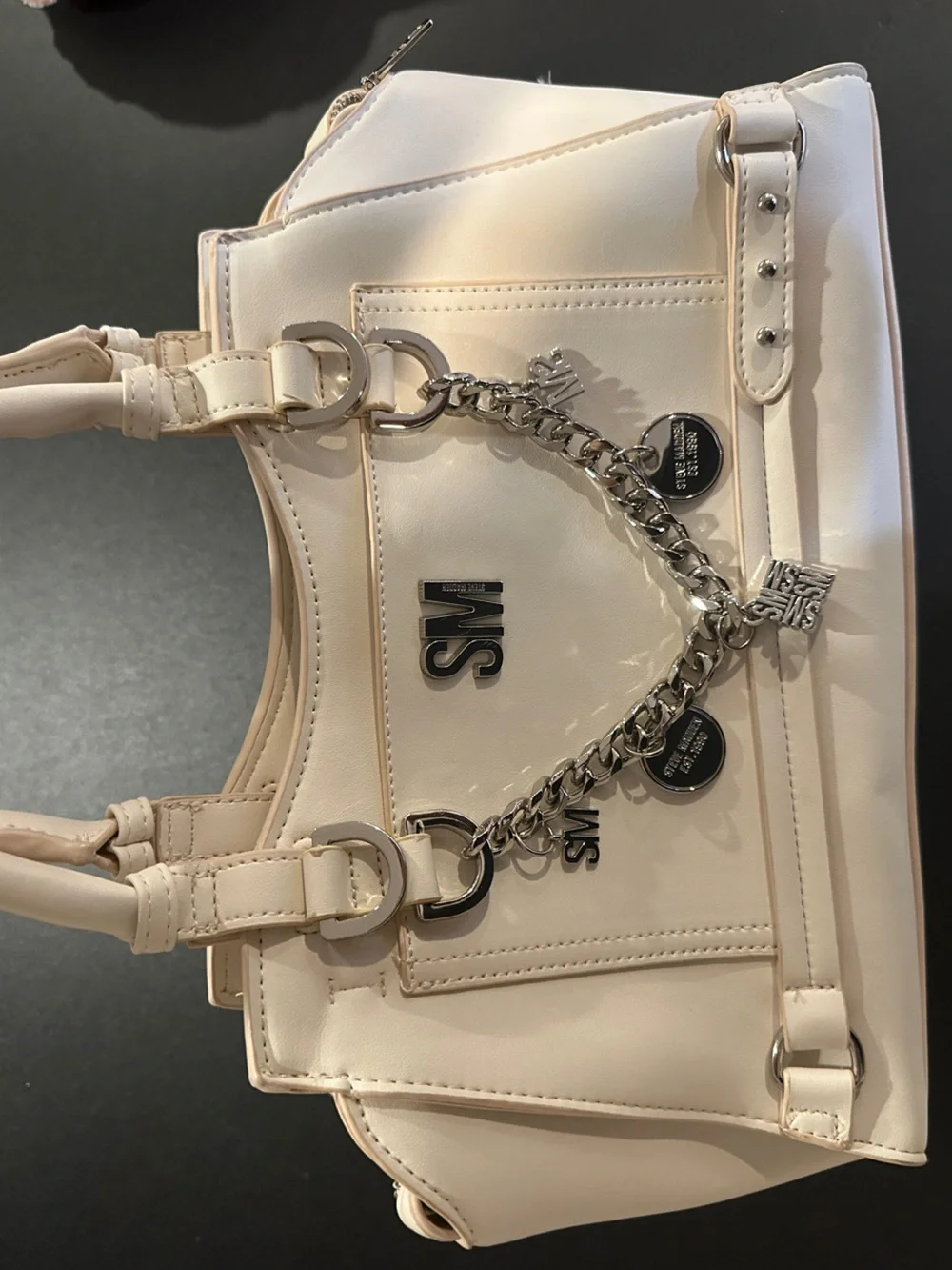 Steve Madden Cream Satchel with Silver Chain and Logo